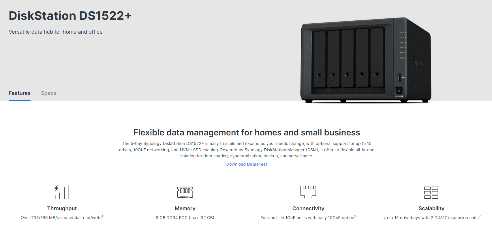 Synology DS1522 5bay DiskStation Diskless NAS Versatile Data Hub