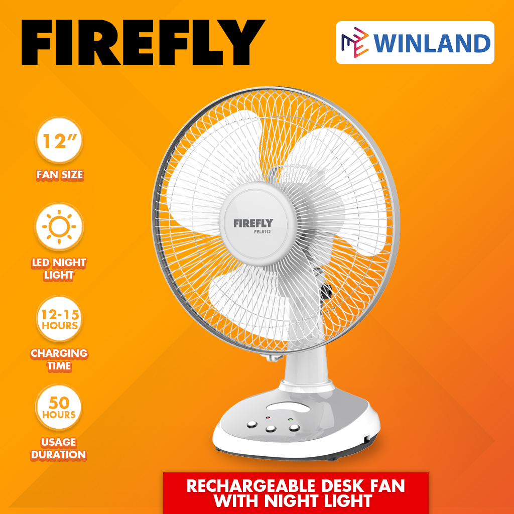 Firefly 12" Rechargeable Desk Fan with LED Night Light