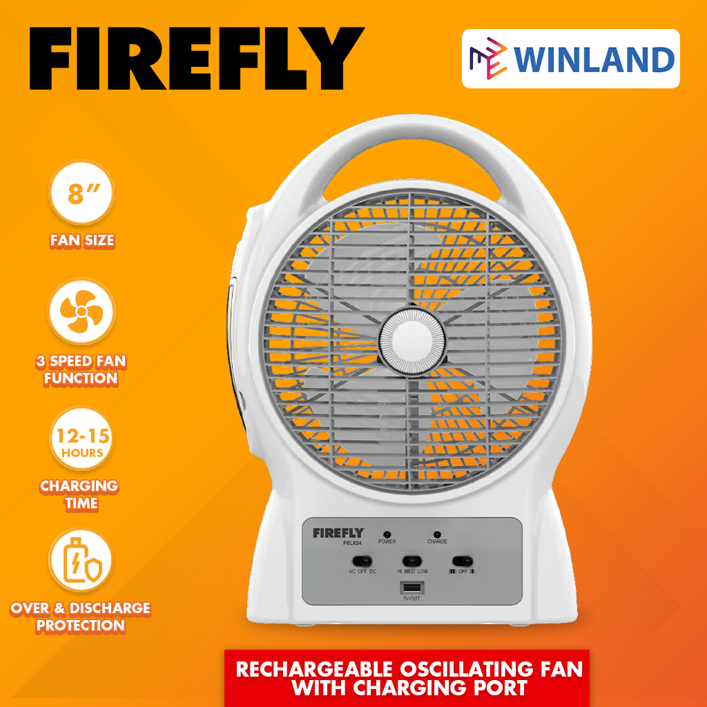 Winland Firefly 8" Rechargeable Oscillating Fan with USB Port