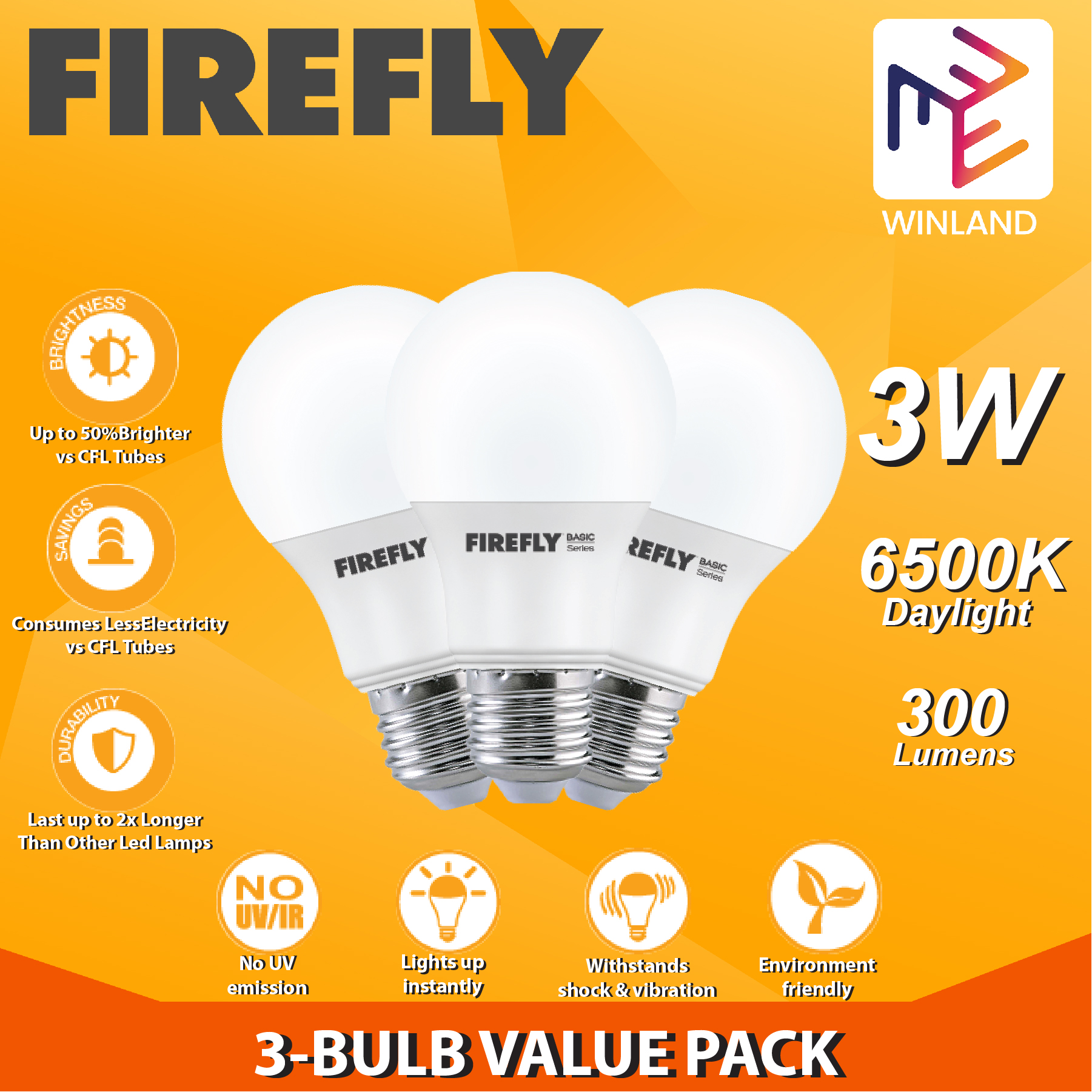 Firefly 3W Daylight LED Bulb Value Pack - 3 Pcs