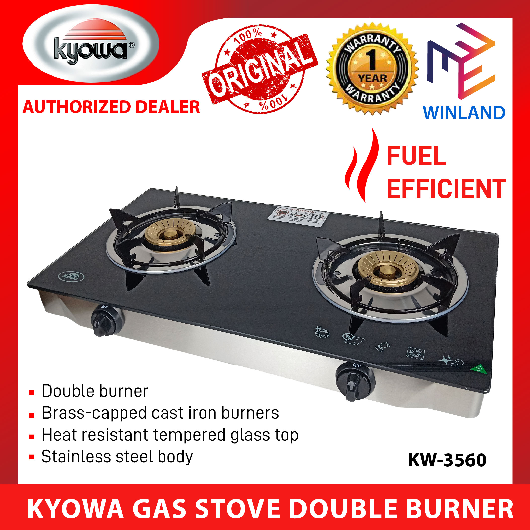 Kyowa by Winland KW-3560 Glass Top Double Burner Gas Stove