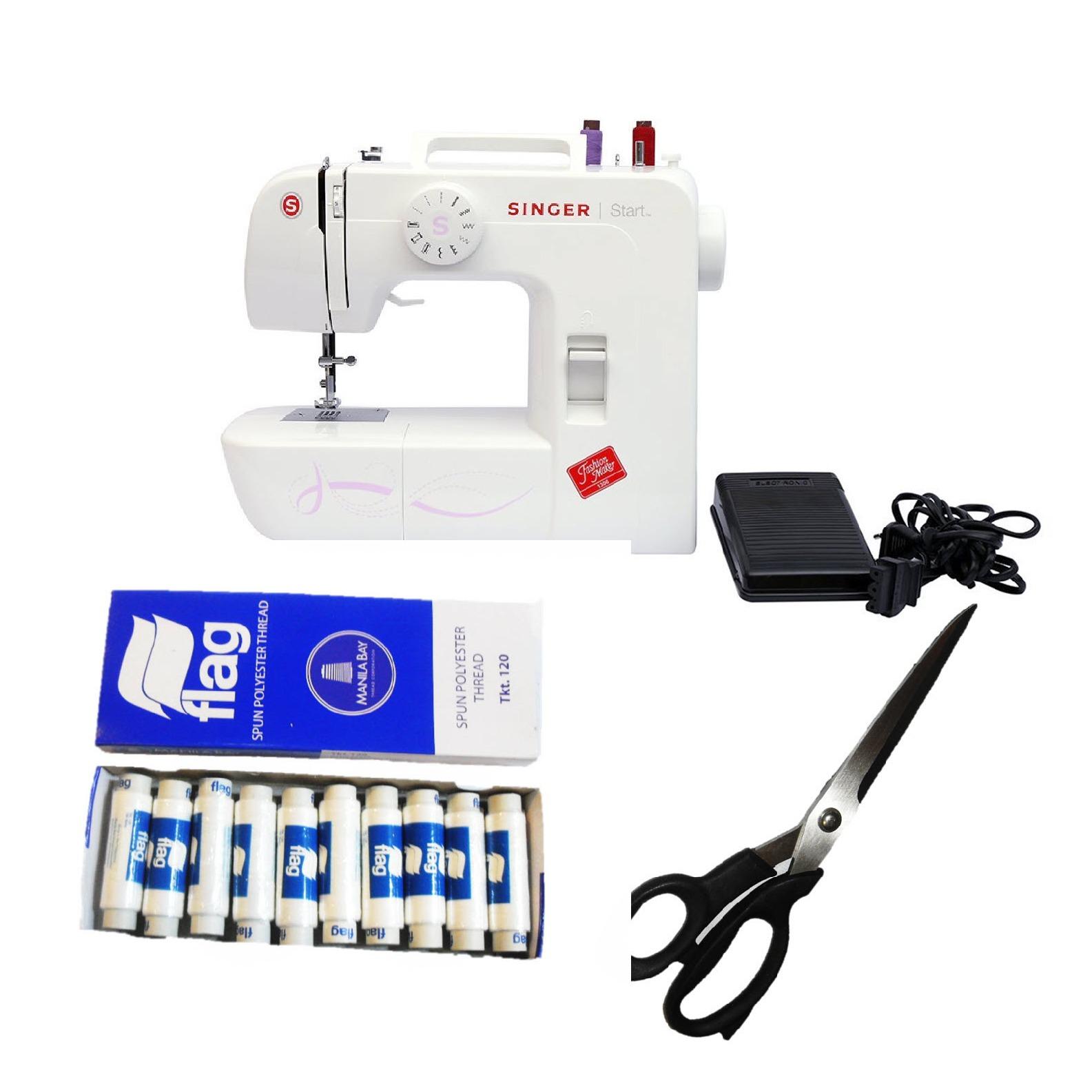 Singer Portable Start 1306 Sewing Machine (White) with 10pc Flag Thread and DM Scissors