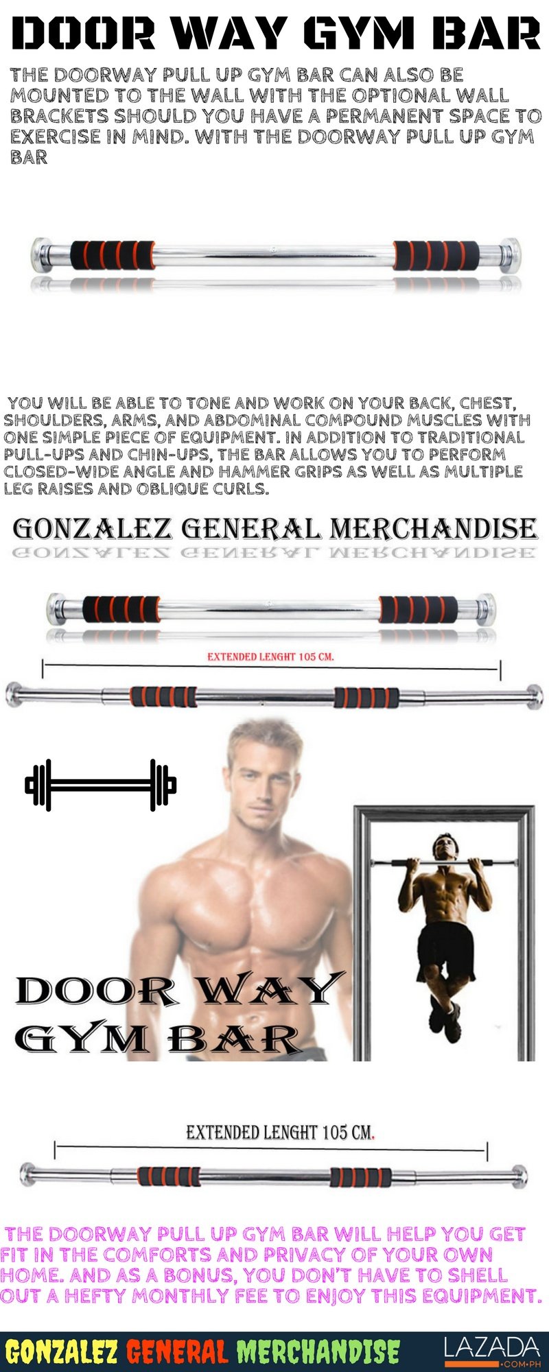 Adjustable Door Way Pull Up Gym Bar Black Orange With Push Up
