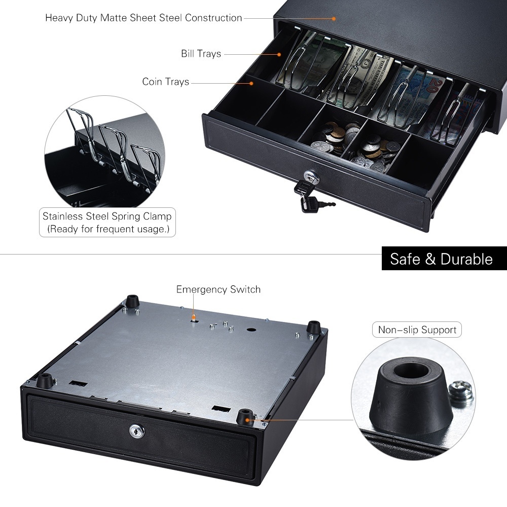 Heavy Duty Electronic Cash Drawer Box Case Storage 4 Bill 5 Coin Trays