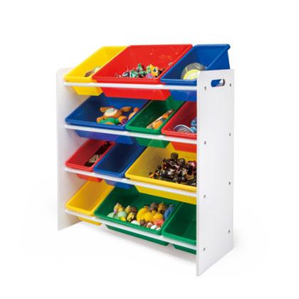 toy storage unit with plastic boxes
