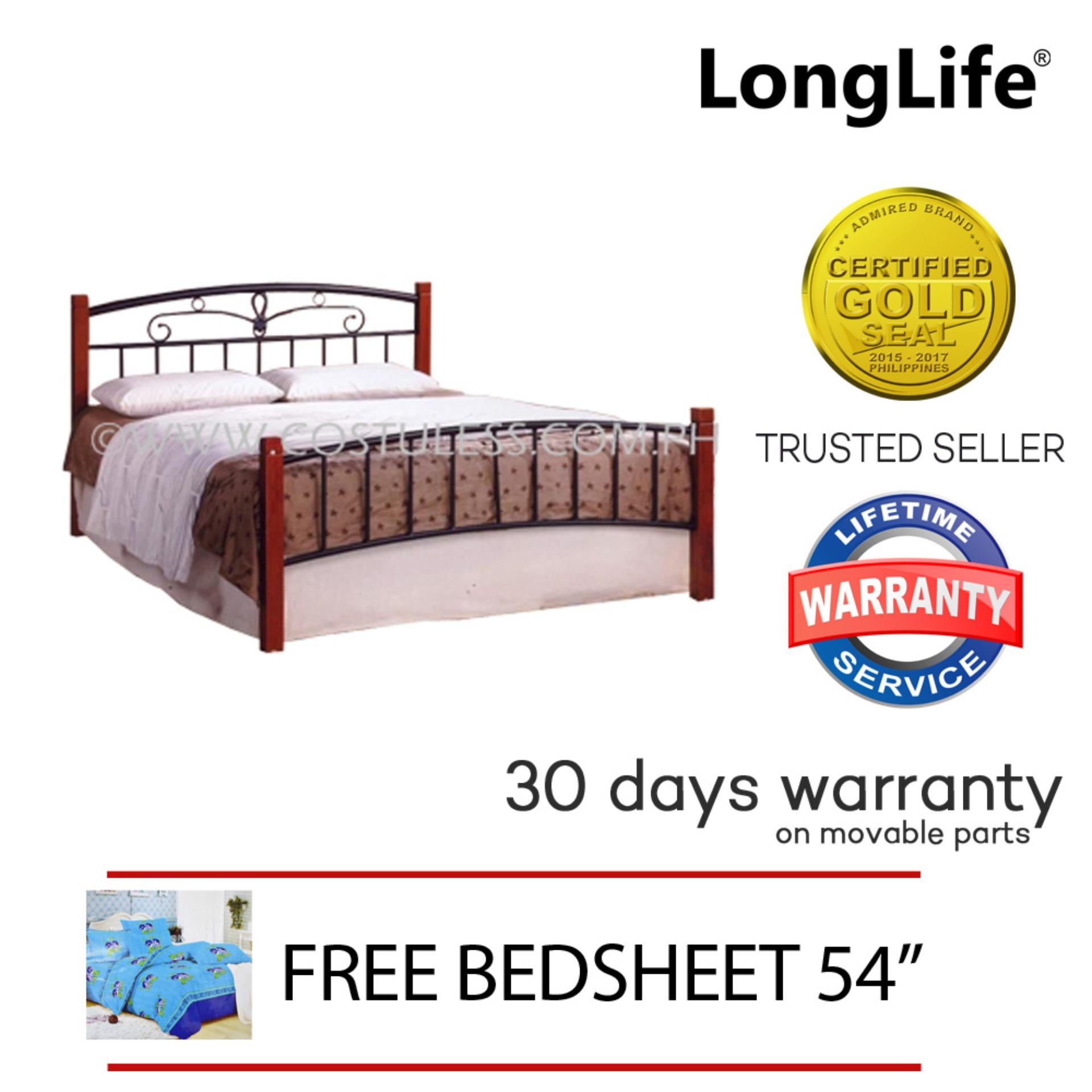 Longlife Doreen Semi Queen Size Bed Frame Only 54 X 75 Brown With Free Fitted Bed Sheet 2 Pcs Pillow Bedsheet