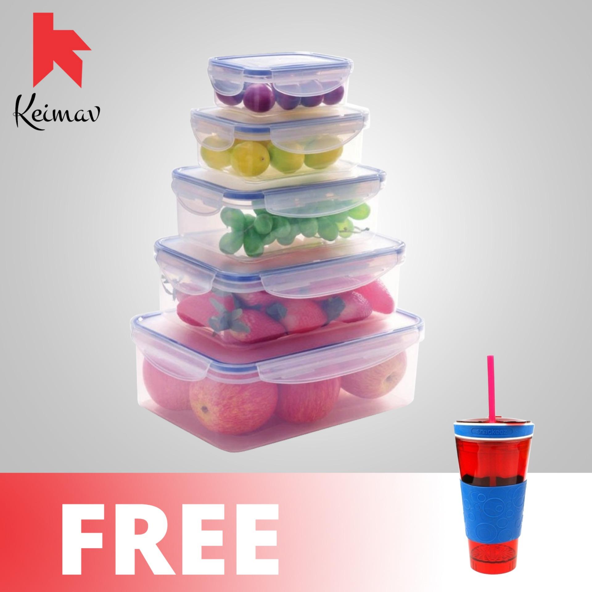 Keimavlock 10 Pc Airtight Food Storage Container Box Set With Free Snackeez 2 In 1 Snack And Drink Cup Red Blue