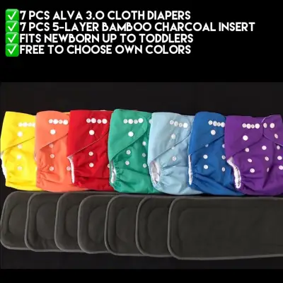 7 Sets Alva Cloth Diapers With 5-LAYER Bamboo Charcoal Insert