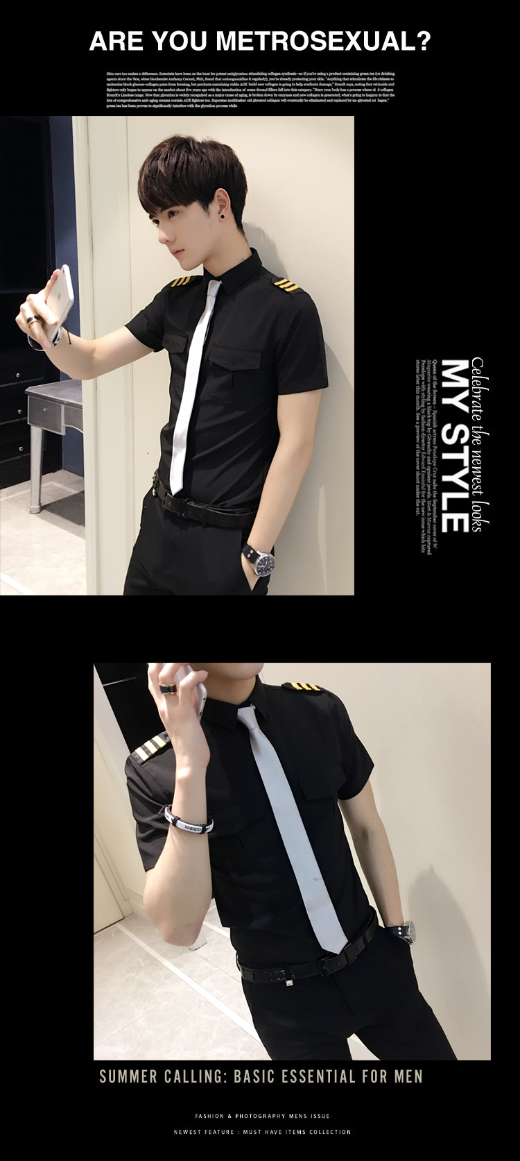 Mens Short Sleeve White Airline Pilot Uniforms Hair Stylist