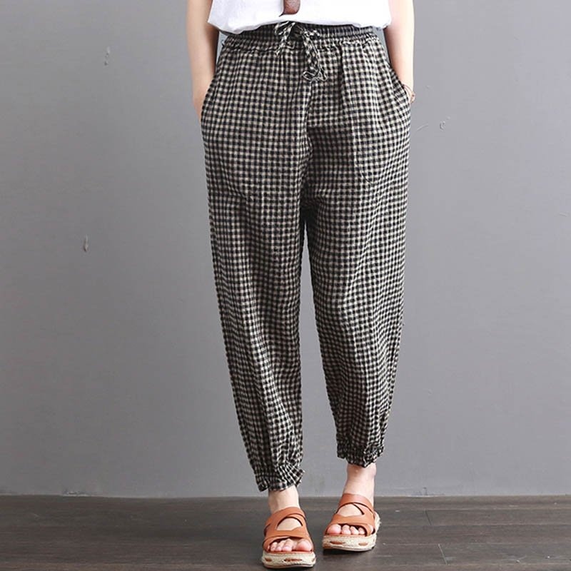 drawstring waist plaid trousers