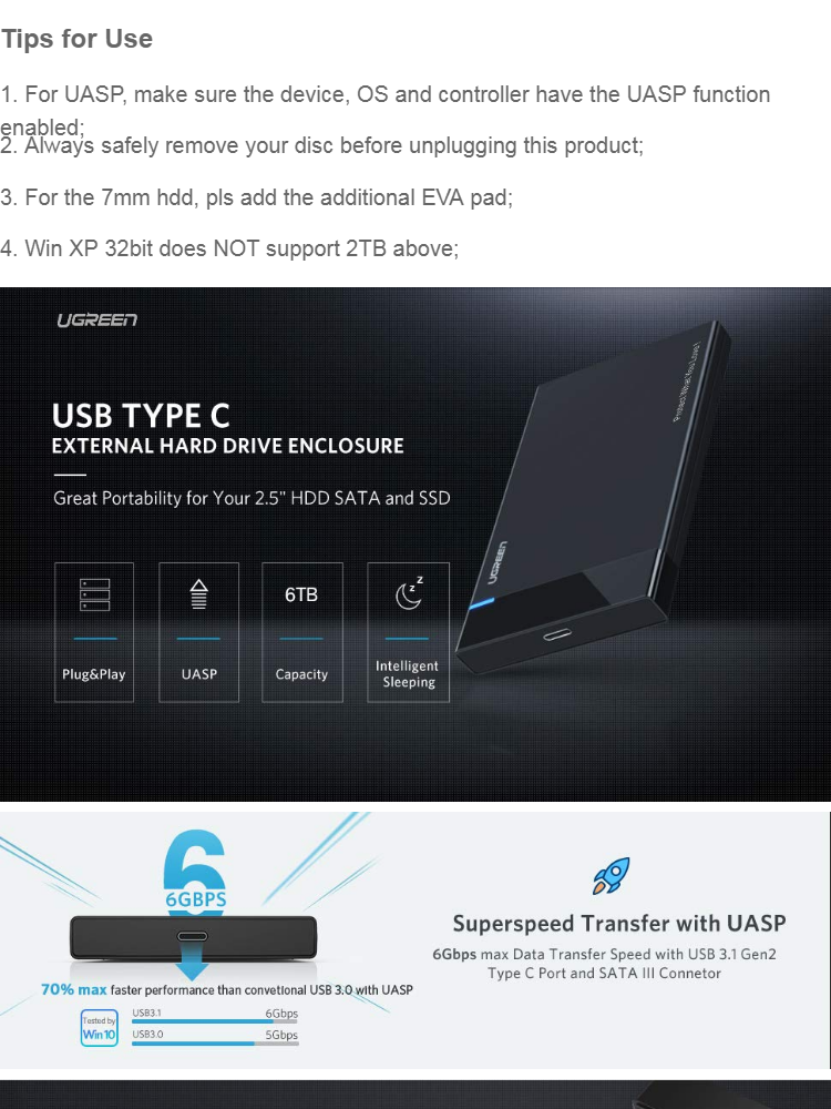 USB 3.1 2.5 HDD Case Type-C to SATA Hard Drive Box Enclosure SSD Housing Cover