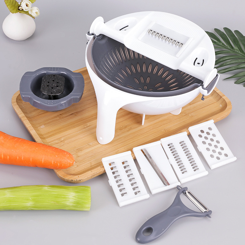 9- in- 1 Multifunction Magic Rotate Vegetable Cutter with Drain Basket,  Large Capacity Vegetables Chopper Veggie Shredder Grater Portable Slicer