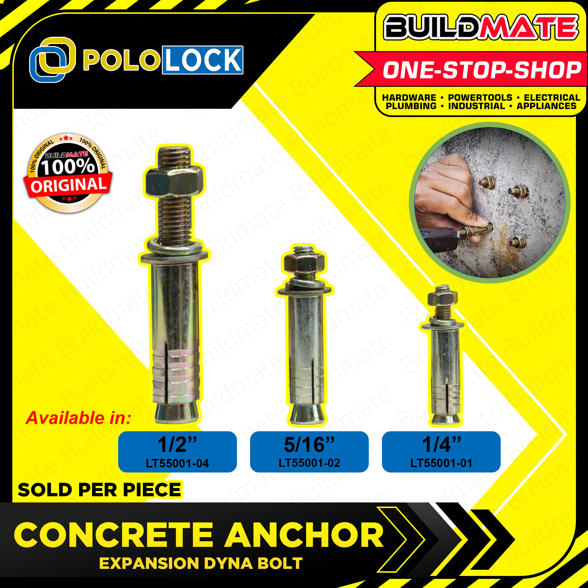 Pololock Concrete Anchor Expansion Dyna Bolt 1/4" | 5/16" | 1/2" Dynabolt Expansion Bolt Anchor Bolt Mechanical Anchoring External Hex Expansion Screw Bolt Sleeve Anchor | 100% Original / Authentic •BUILDMATE•