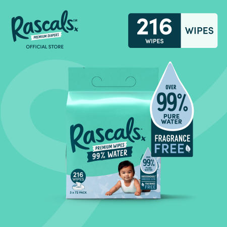 RASCALS Biodegradable Water Wipes - 216 Sheets, 99% Water