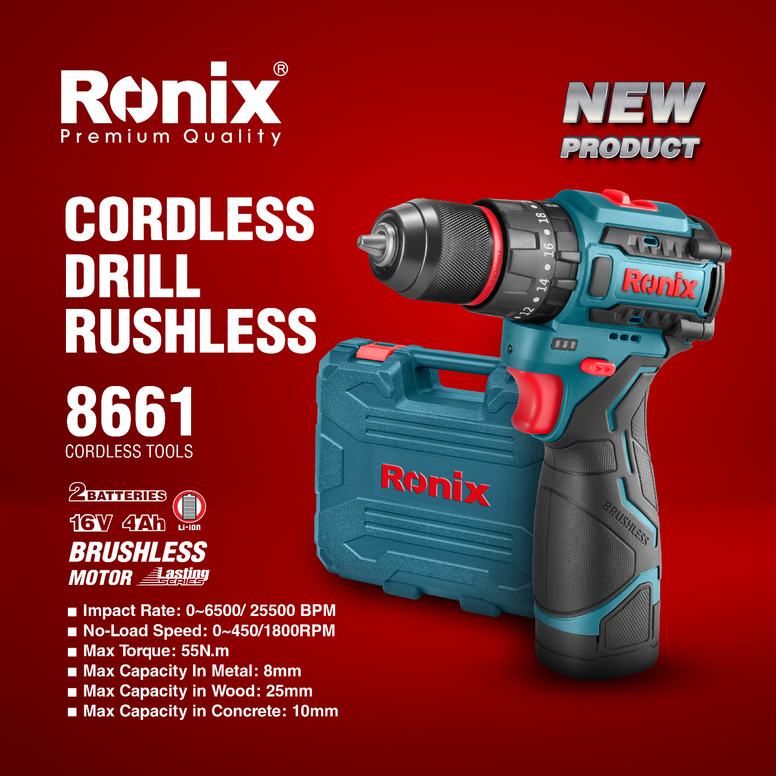 Ronix 8661 16V Brushless Cordless Drill 3-in-1, Torque,  Batteries, Lightweight Ergonomic, High Impact Rate, Metal Gearbox, 20+3  Clutch