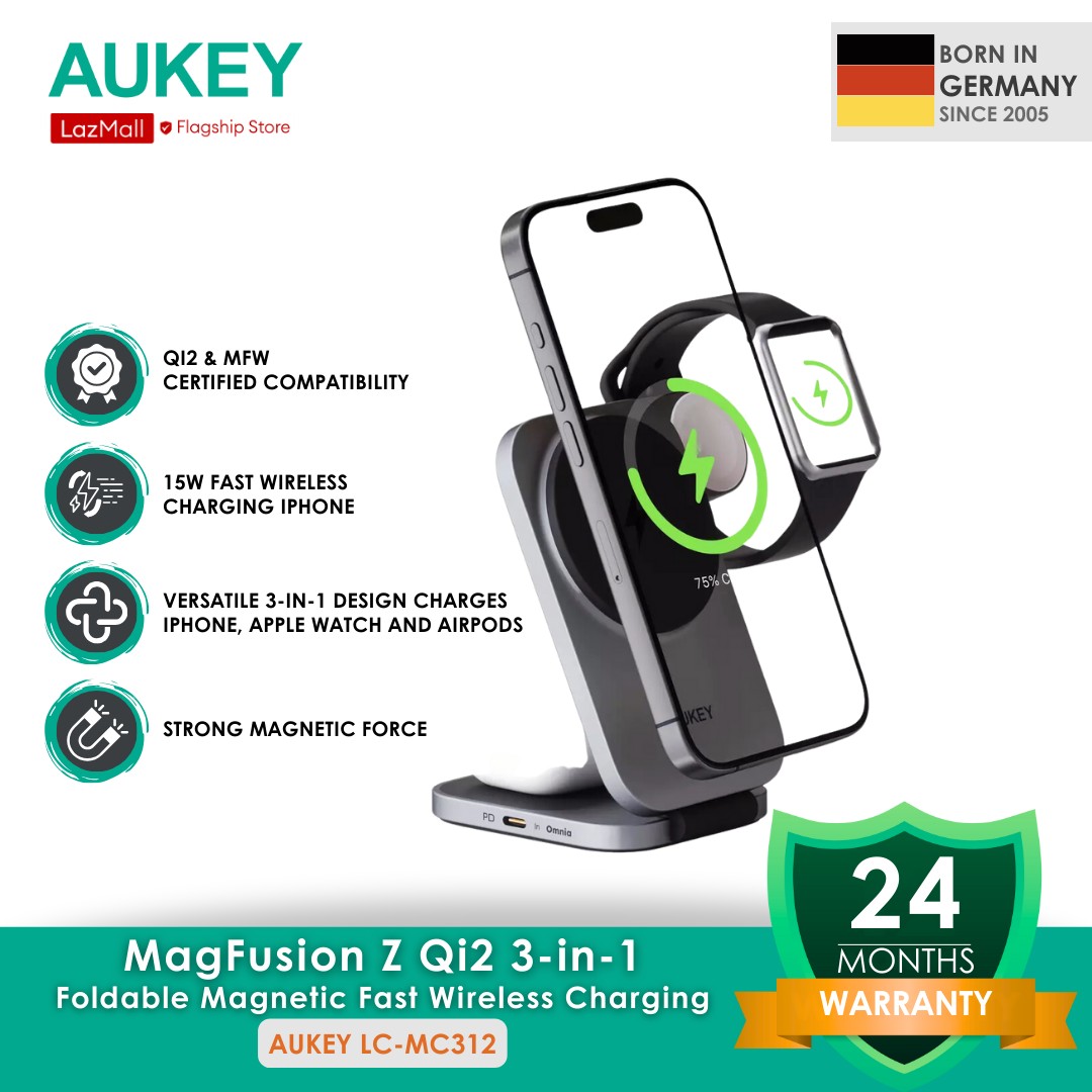 AUKEY LC-MC312 MagFusion Z Qi2 Mfw Certified 3-in-1 15W Foldable Magnetic Fast Wireless Charging Station