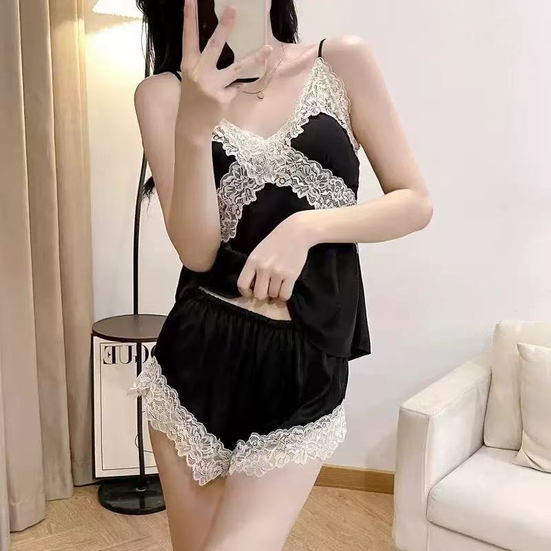 Pajamas Summer Women Thin Style Ice Silk Sexy Lace Suit Summer Pure Desire Style Suspender Shorts Two-Piece Suit with Chest Pad#8825 - Image 4