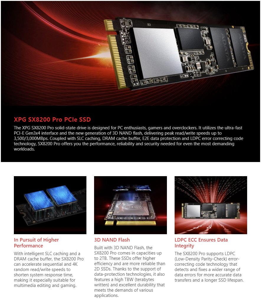 XPG SX8200 Pro 512GB 3D NAND NVMe Gen3x4 PCIe M.2 2280 Solid State Drive R/W 3500/3000MB/s SSD ADATA ASX8200PNP-512GT-C