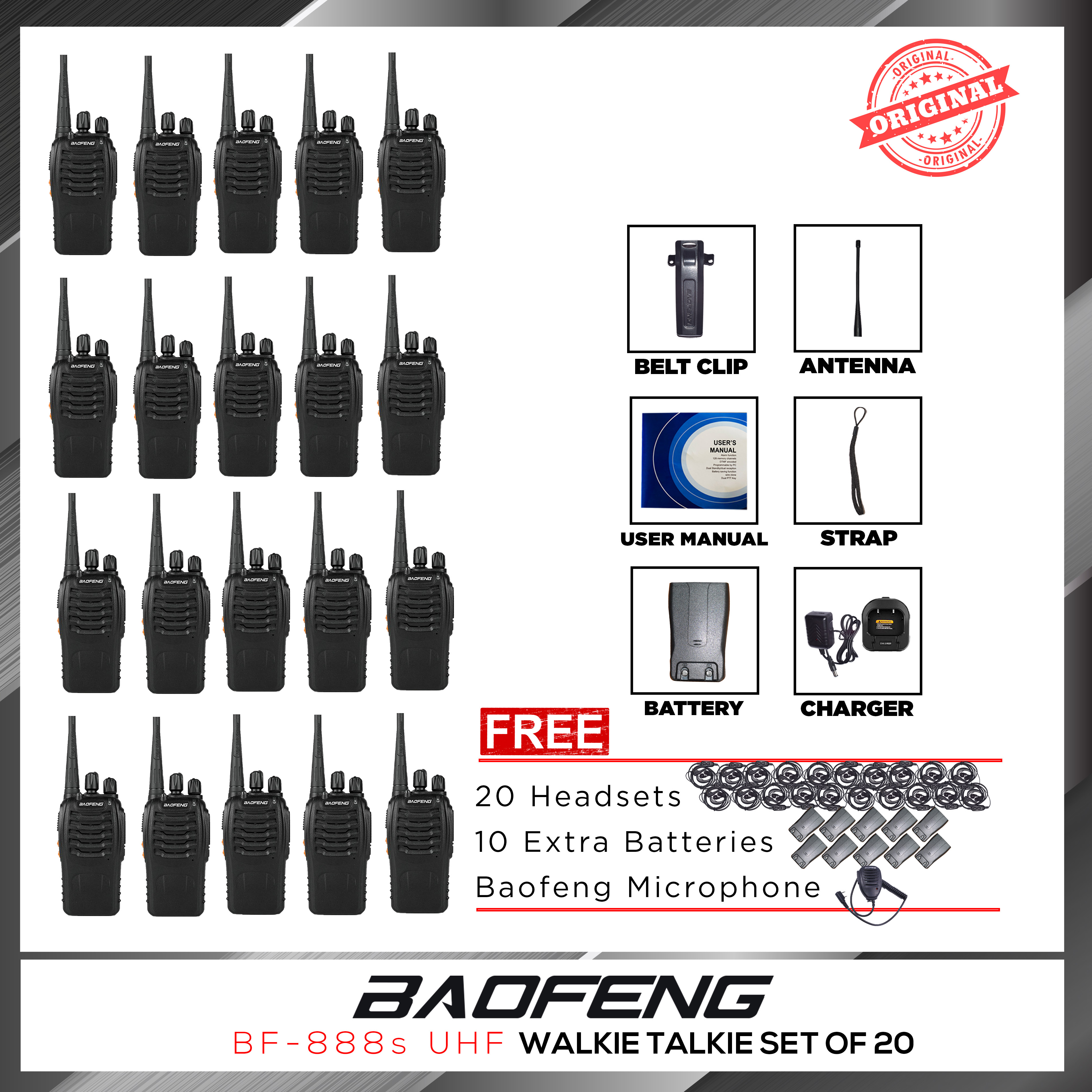 Baofeng/Platinum BF-888s Walkie Talkie UHF Two-Way Radio with Earpiece Set  of 20 plus FREE Baofeng Programming Cable  10 FREE Extra Batteries (NTC  Type Approved) Lazada PH