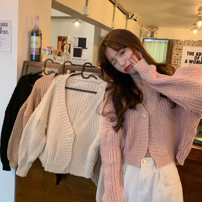 Korean Fashion Knit Sweater Cardigan Loose Long Sleeve V-Neck Sweater  Blazer Women Tops