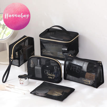 Black Mesh Cosmetic Bag - Portable Travel Makeup Organizer