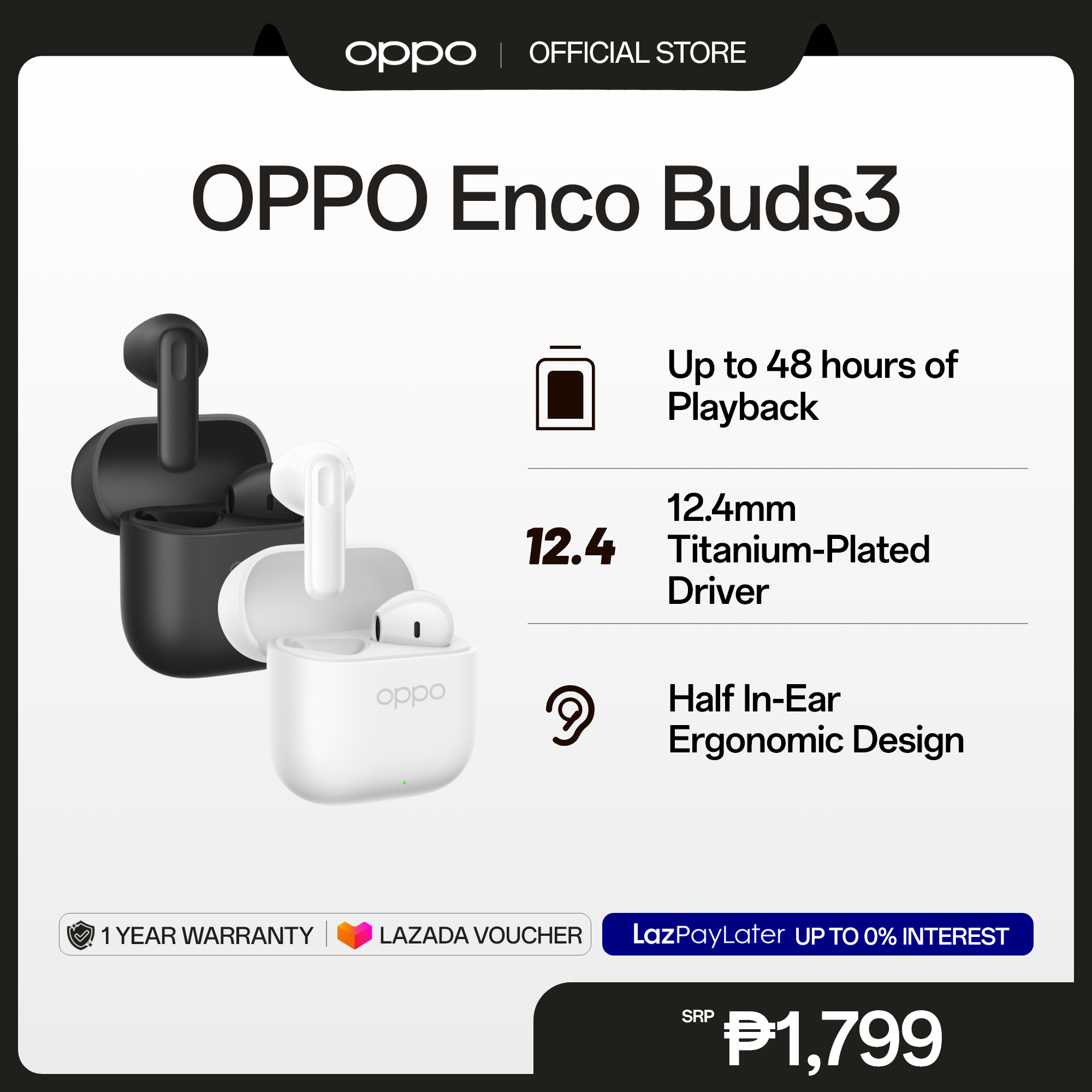[BRAND NEW] OPPO Enco Buds3 / Up to 48 Hrs Playback / Half In-Ear Ergonomic Design / AI Translate