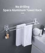 Silver Space Aluminum No-Drill Towel Rack with Hooks