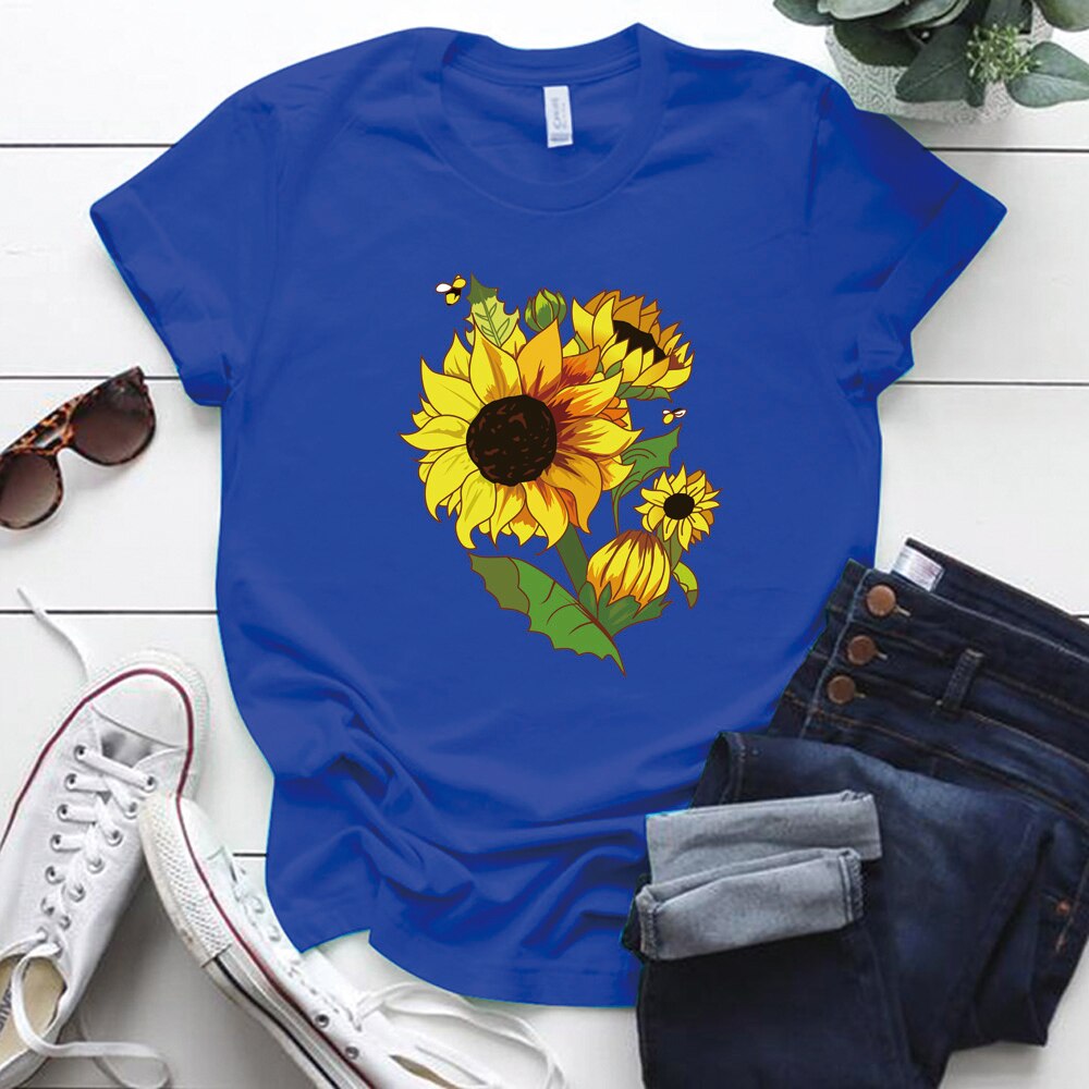 LEXUPE Women Tops Comfortable Blouses Casual Fashion T-Shirts Ladies Plus Size Sunflower Print Short Sleeved T-Shirt Blouse Tops 