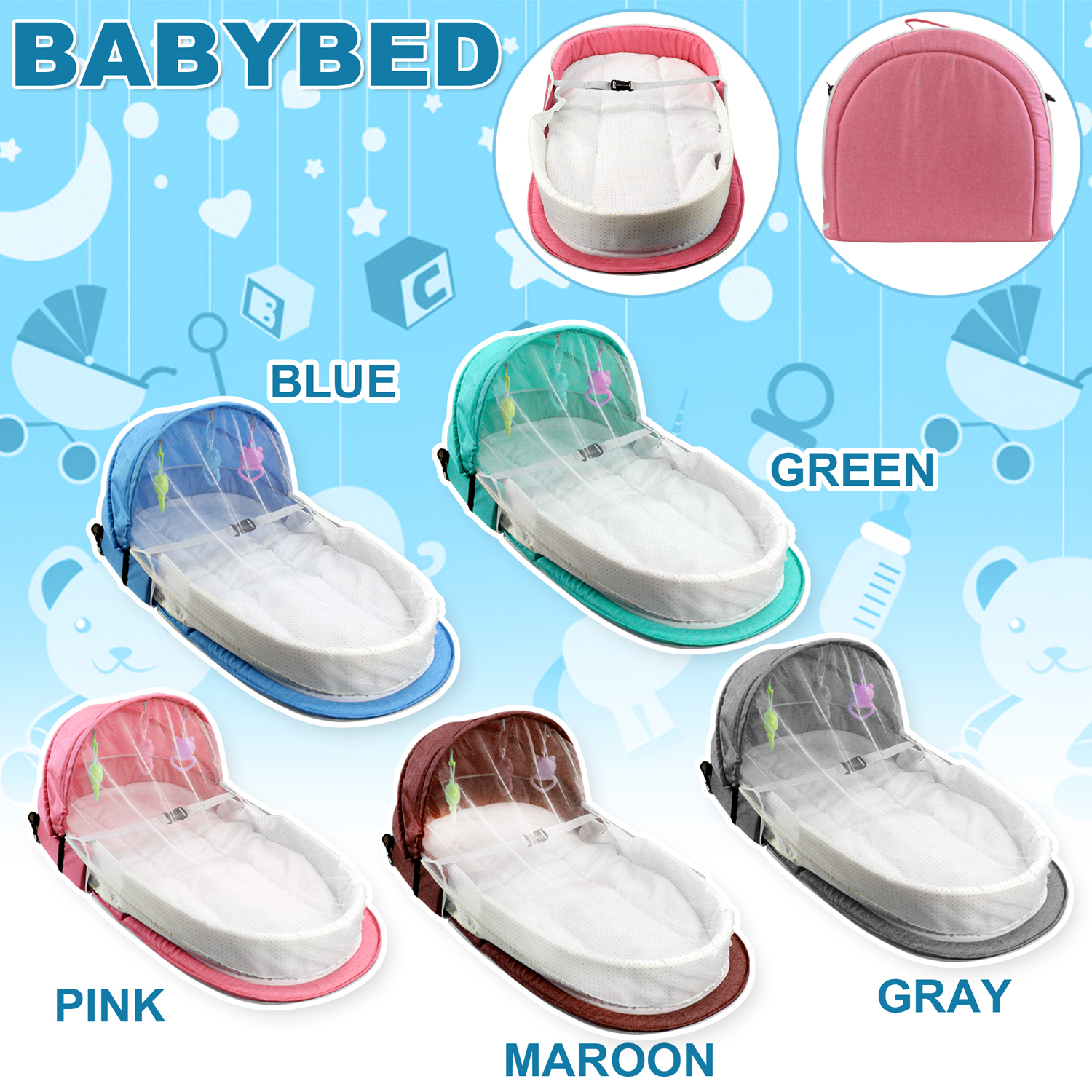 Portable Baby Travel Crib with Toys and Mosquito Net