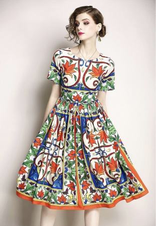 DL100 Melody Fashion Vintage Floral Pleated Waist Dress