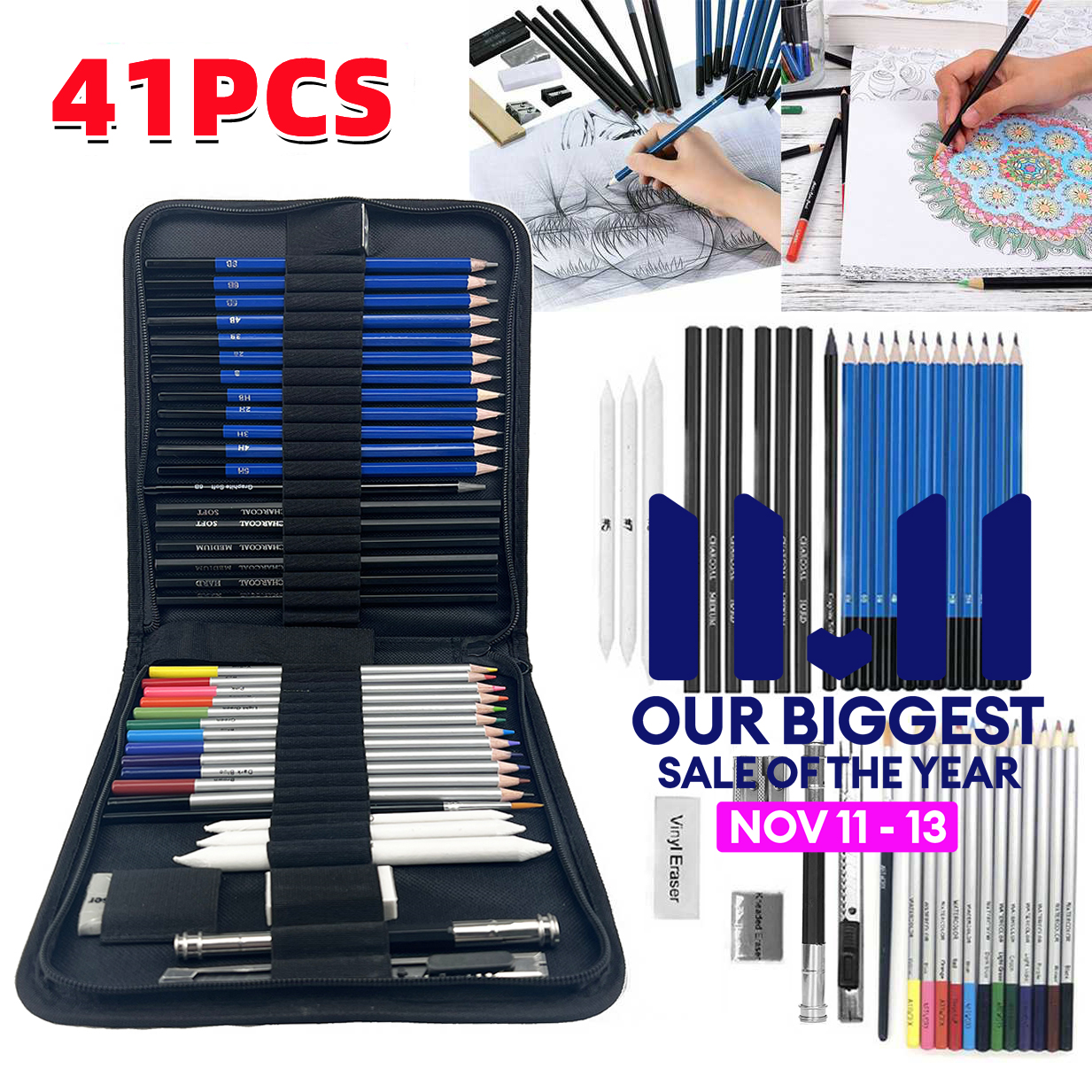 6Pcs White Charcoal Pencil Drawing Set Soft & Medium Sketching