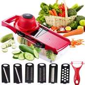 S9 6 in 1 Mandoline Slicer Multi-Function Fruit & Veg Cutter w/ Interchangeable Stainless Steel Blade Multi-function Vegetable Slicer Cutter -Fruit Slicer with 6 Blades Peeler for Potato, Tomato, Carrot, Onions, Cucumber, Garlic & Cheese