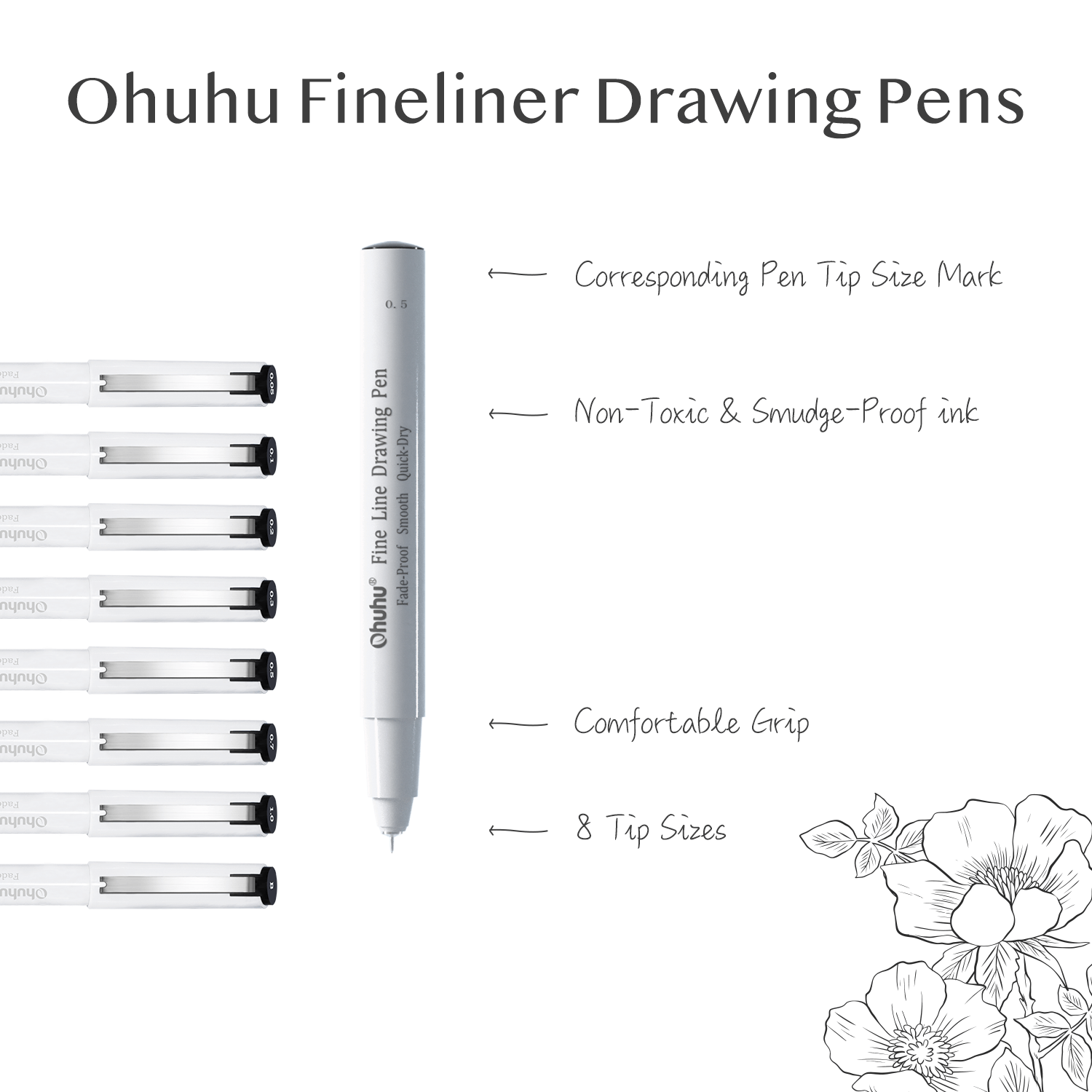 Ohuhu Fineliners Set of 8 Ultra Fine Line Drawing Markers, 8 Assorted Tip  Sizes Black Ink, JG Superstore