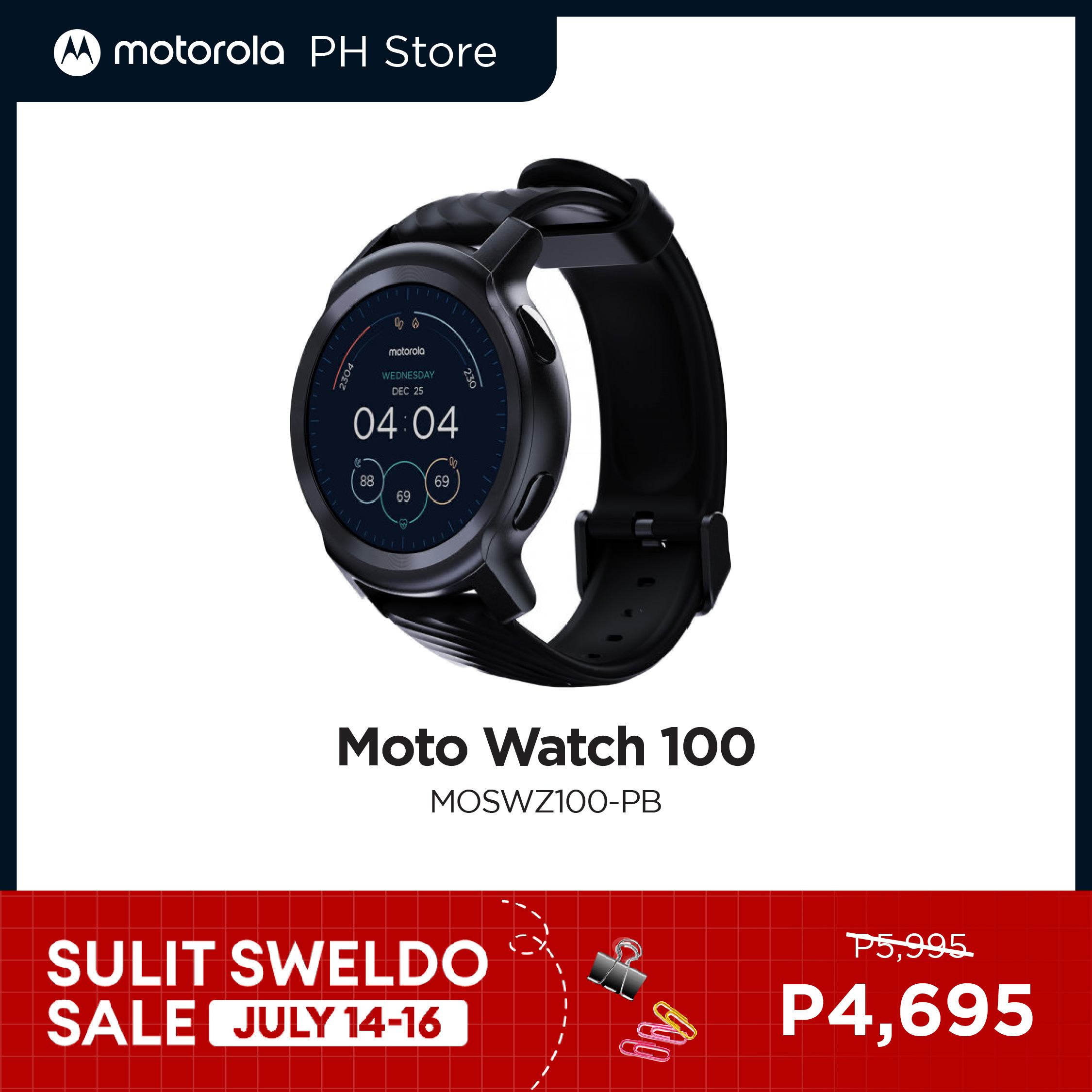 Motorola moto watch 100 MOSWZ100-PB Phantom Black / Aluminium / 42*46*11.9 mm / 32g / 1.3'LCD / Bluetooth 5.0, GPS / Android 5.0+ IOS 10.0+