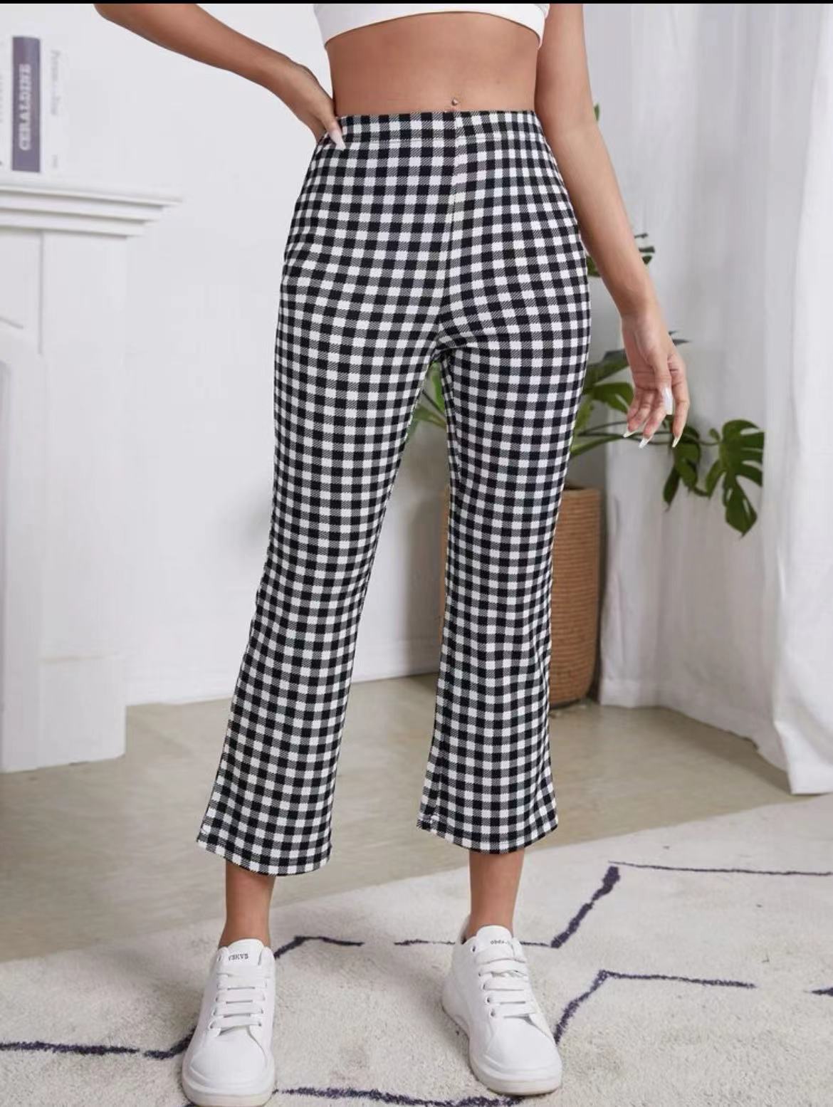 HoneyFashion----High Waist Gingham Print Flare Leg Pants