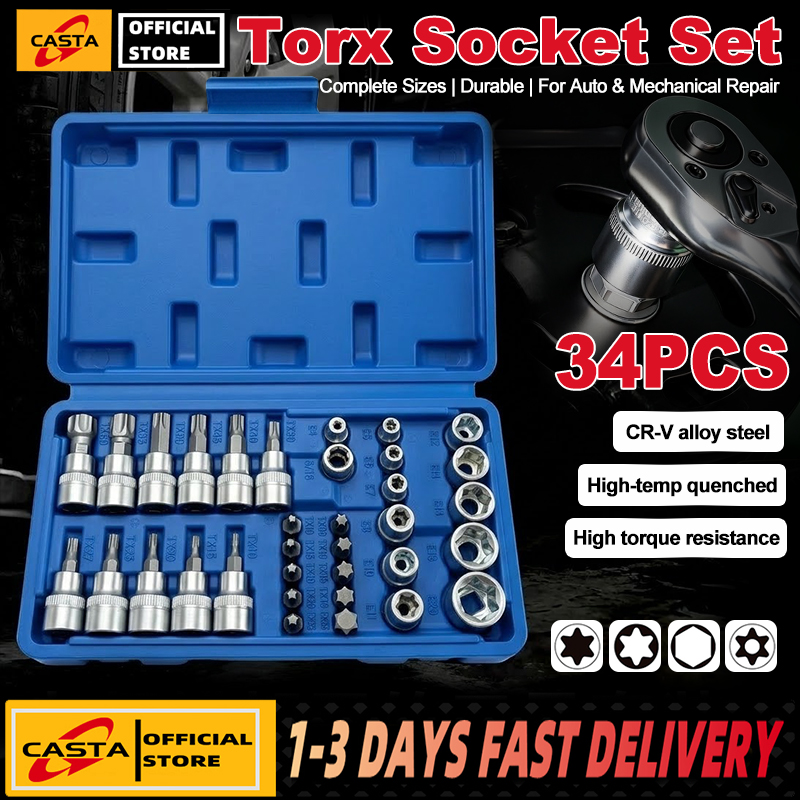 34 Pieces Master Torx Bit Socket and External Torx Socket Set, S2 and CRV Steel, Supreme Torque Output Complete Kit