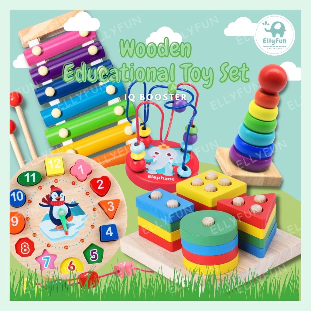 Ellyfun Wooden Educational Toy Gift Set Shape Sorter Toys for Kids Educational  Toys Blocks Puzzle