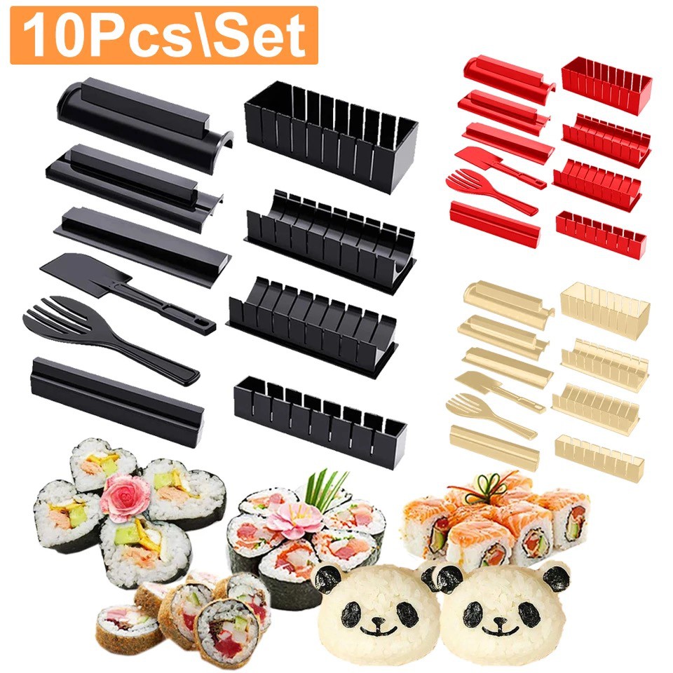 Sushi Making Kit 11 Pieces With 8 Different Sushi Maker Mold Diy Sushi Kit  For Beginners Kids 1 Sushi Knife 1 Spatula 1 Fork, Red
