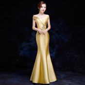 Elegant Gold Fishtail Evening Dress for Women, Satin Gown