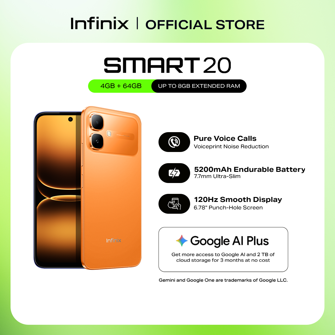 Infinix Smart 20, (up to 8GB [4GB + 64GB] MediaTek Helio G81 Ultimate / Pure Voice Calls - Voiceprint Noise Cancellation / 120Hz Smooth Display / 6.78" Punch-Hole Screen / 7.7 mm Ultra-Slim / 5200 mAh (1 year local warranty)