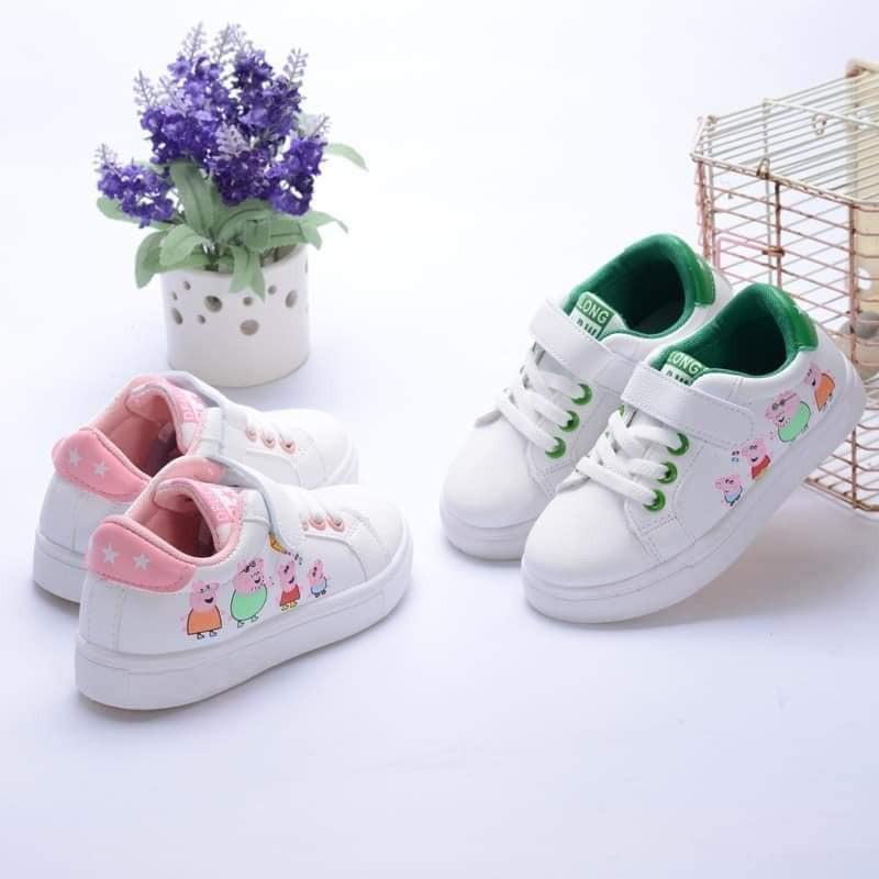 pink and white sneakers
