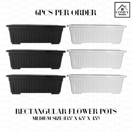 Pack of Six Rectangular Long Flower Pots Medium Size 13.5 Inches, Home Gardening Pots