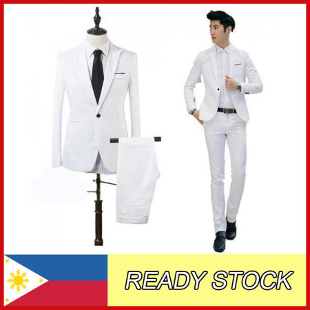 2Pcs Men Business Suit Set Slim Fit Casual Formal Suits One Button Suit Blazers Jacket Coat and Pants Wedding Suit Sets - White - intl