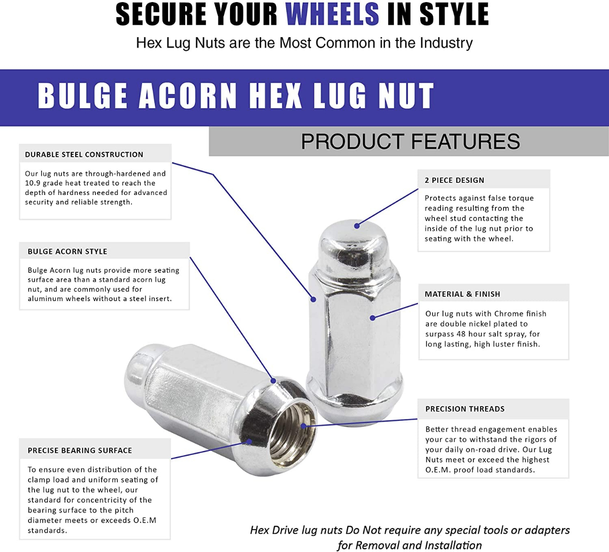 Wheel Accessories Parts Bulge Acorn Set of 24 Lug Nuts M14 X 1.50 Thread  1.90