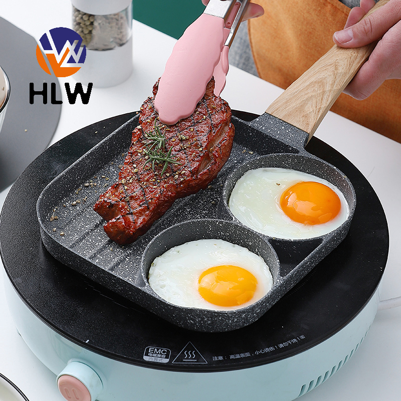 KEWEI Egg Frying Pan 3 Section 2 in 1 Divided Frying Grill Pan Wood handle