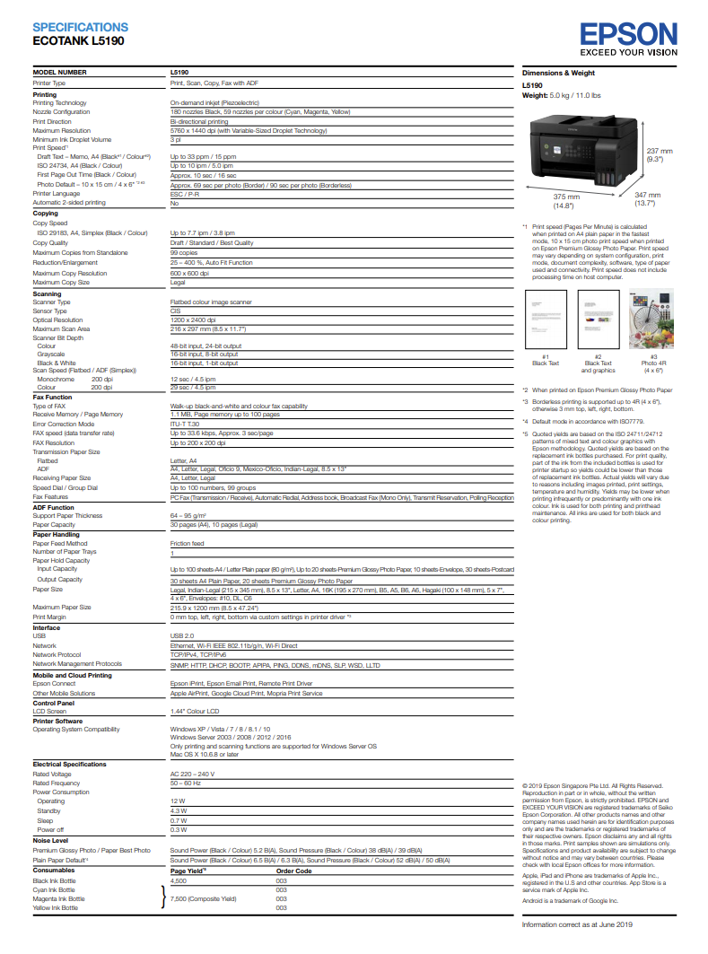 Buy Epson L5190 WiFi AllinOne Ink Tank Printer with ADF Print, scan, copy, fax 5190