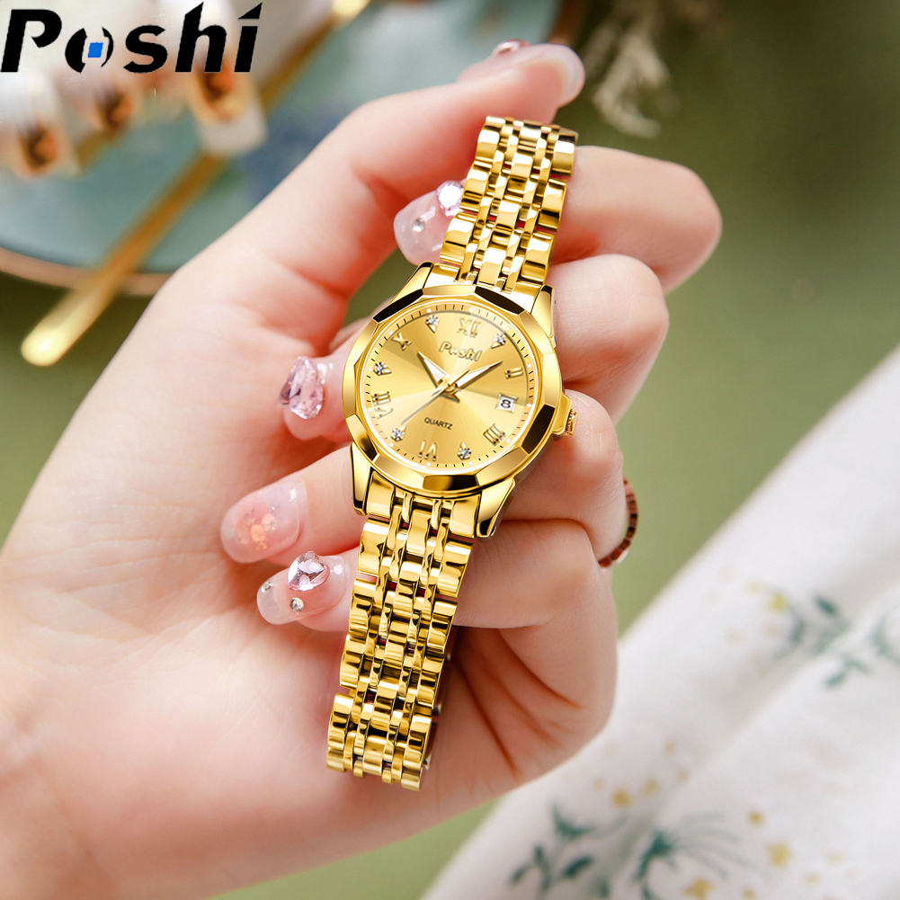 POSHI New Style Ladies Fashion Casual Watch waterproof 2023 original Korean  Elegant double calendar luminous display prismatic dial stainless steel