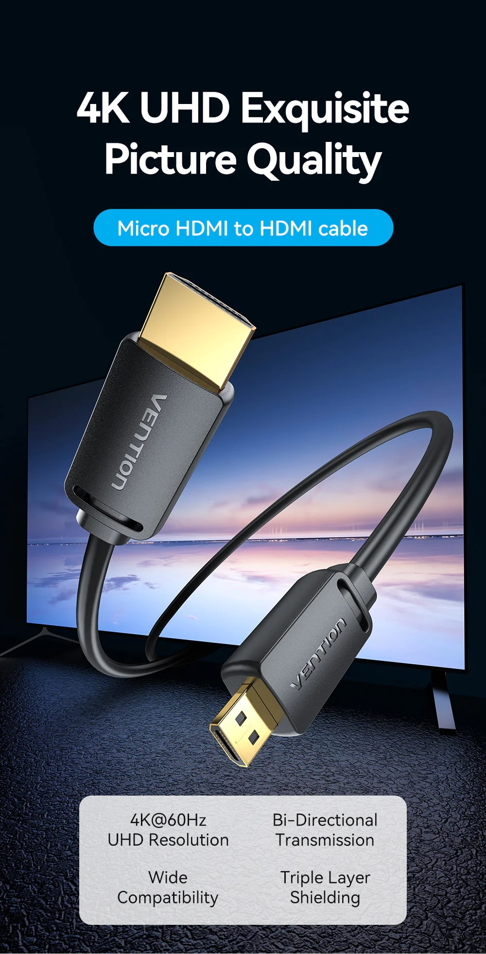 thumbnail image 2 of ERE(SCT) 1M Micro HDMI To HDMI Adapter Cable - 4K@60Hz UltraHD High Speed, Slim Design 2 of 6
