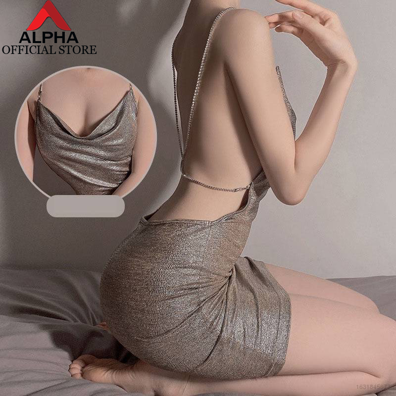 Women Sexy Deep V Backless Metal Chain Slim Sling Silk Nightdress Set Uniform Temptation Suit