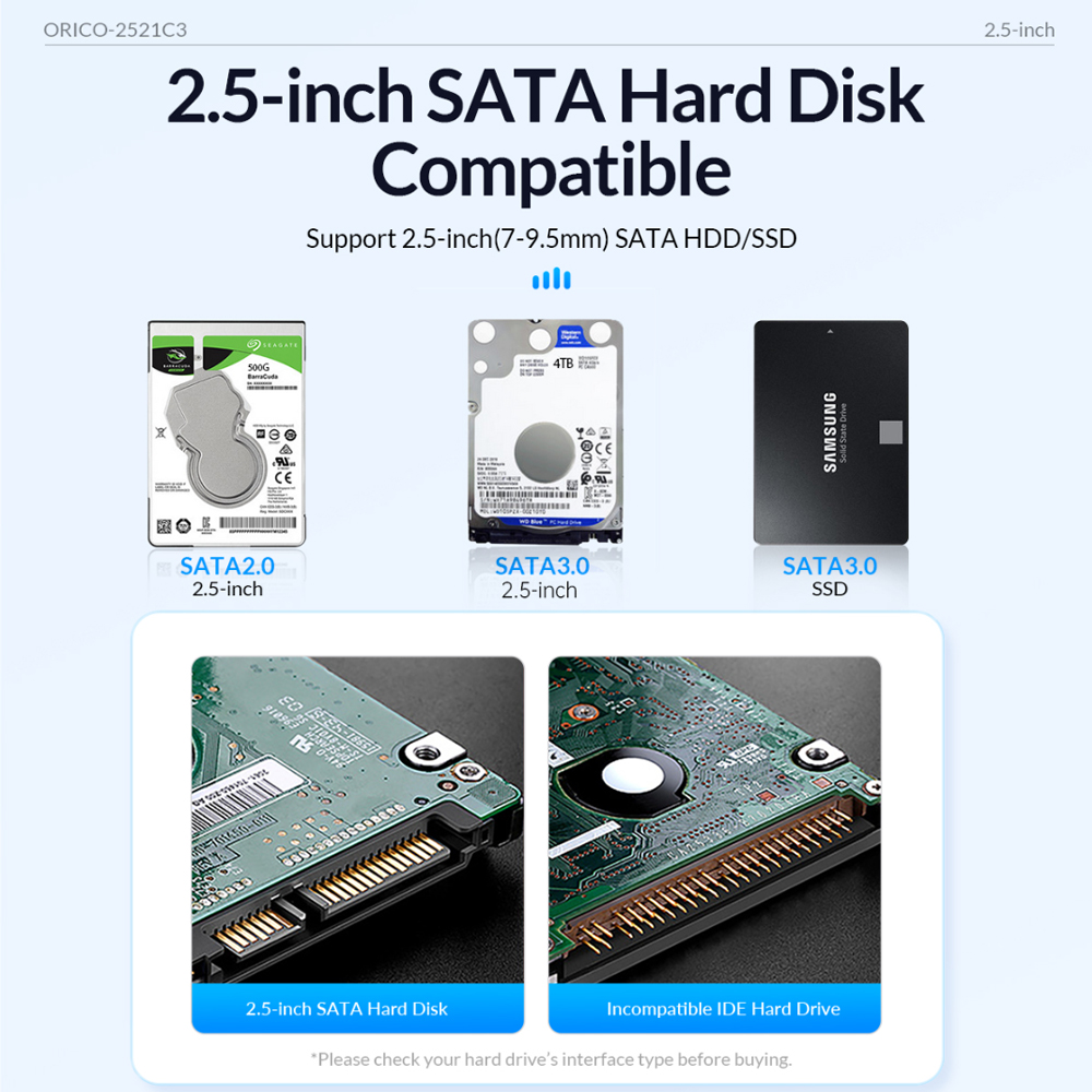 ORICO 2.5 inch SATA to USB 3.1 Type C SSD Enclosure Tool-Free with 6Gb ...